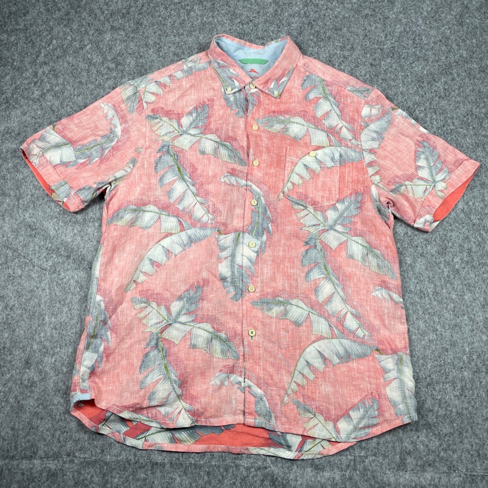 Tommy Bahama Shirt Mens Large Coral Pink Relax Reverse Print 100% Linen Tropical